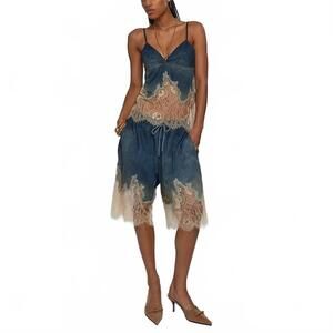 NEW PRODUCTSEEKER lace suspender top & shorts set in denim